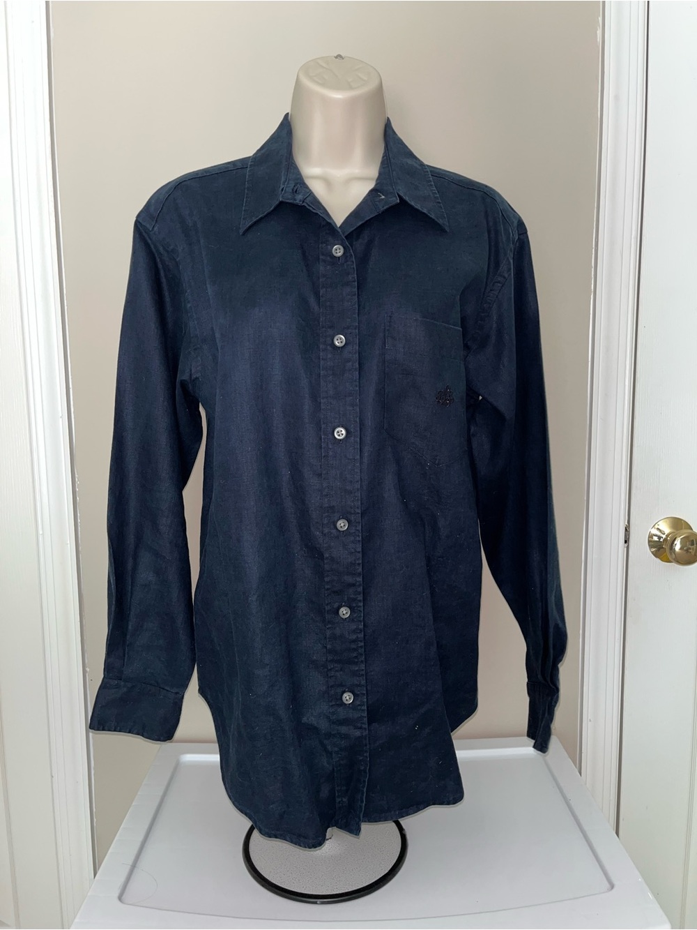 Lauren Ralph Lauren Linen Navy Button Up Shirt Long Sleeve